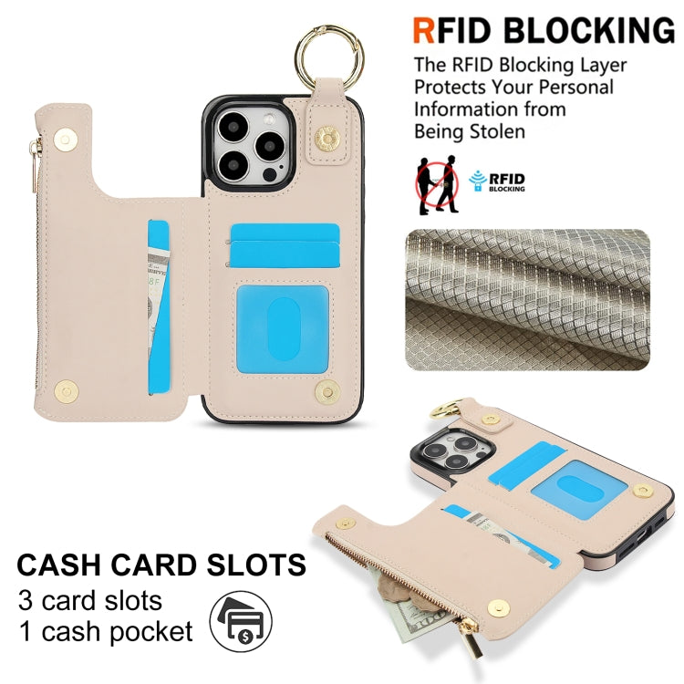 For iPhone 15 Pro RFlD Anti-theft Double Buckle Ring Zipper Card Phone Case