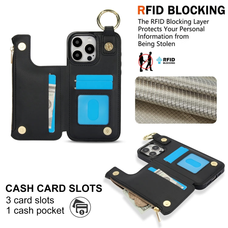 For iPhone 15 Pro RFlD Anti-theft Double Buckle Ring Zipper Card Phone Case