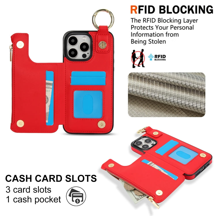 For iPhone 15 Pro RFlD Anti-theft Double Buckle Ring Zipper Card Phone Case