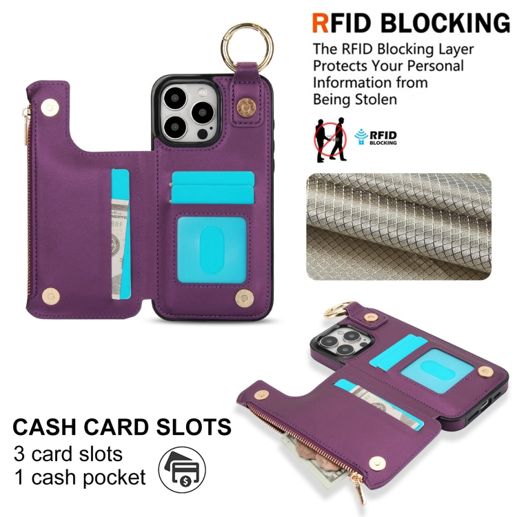 For iPhone 15 Pro RFlD Anti-theft Double Buckle Ring Zipper Card Phone Case