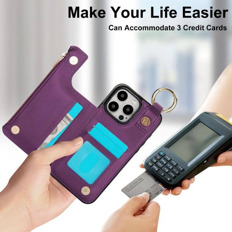 For iPhone 15 Pro RFlD Anti-theft Double Buckle Ring Zipper Card Phone Case