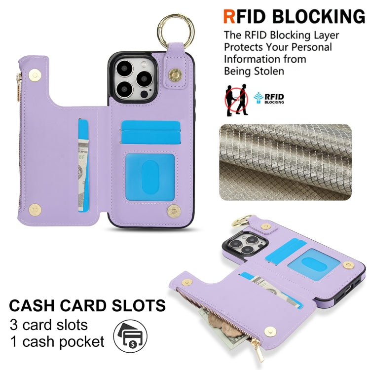 For iPhone 15 Pro RFlD Anti-theft Double Buckle Ring Zipper Card Phone Case