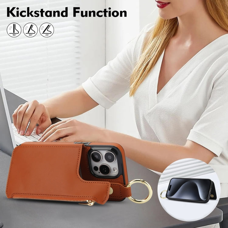 For iPhone 15 Pro RFlD Anti-theft Double Buckle Ring Zipper Card Phone Case