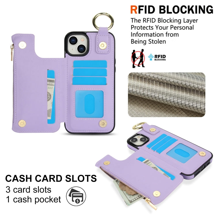 For iPhone 15 Plus RFlD Anti-theft Double Buckle Ring Zipper Card Phone Case