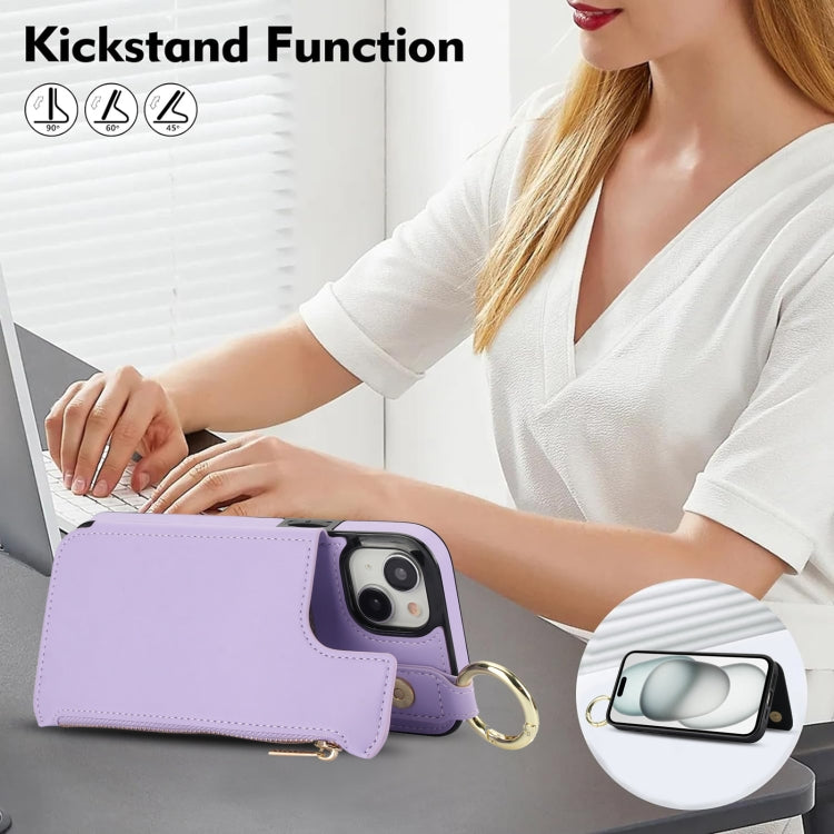 For iPhone 15 Plus RFlD Anti-theft Double Buckle Ring Zipper Card Phone Case