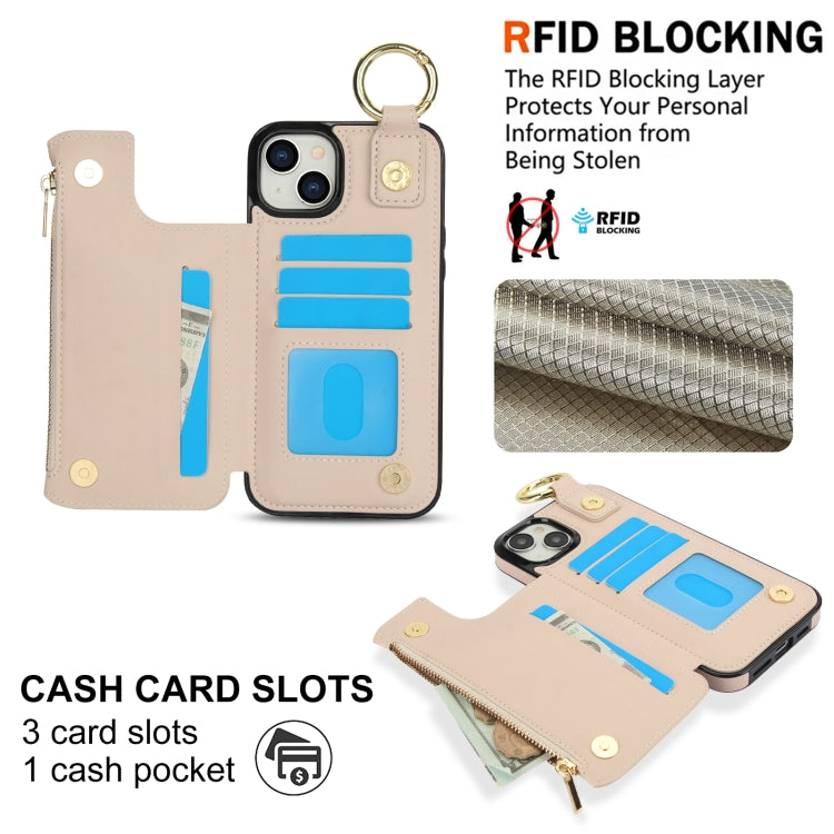For iPhone 15 RFlD Anti-theft Double Buckle Ring Zipper Card Phone Case