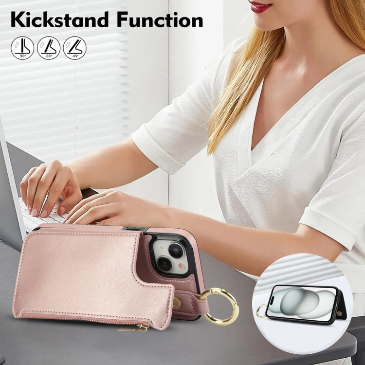 For iPhone 15 RFlD Anti-theft Double Buckle Ring Zipper Card Phone Case