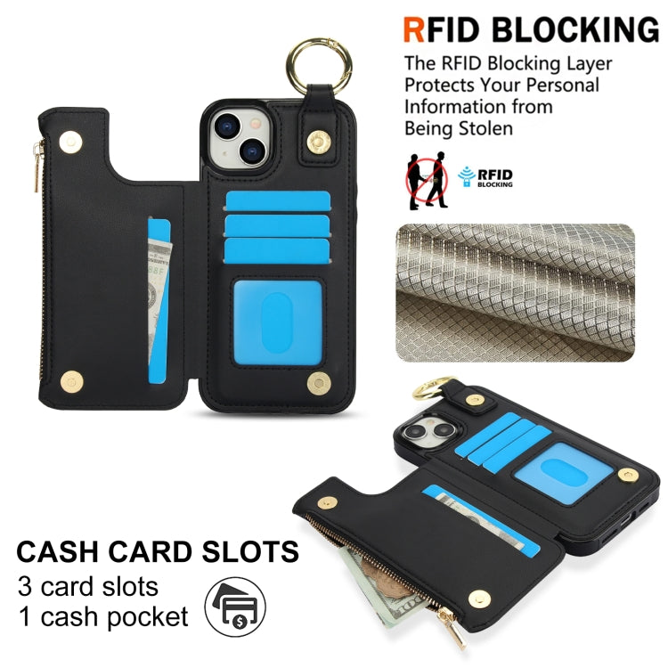 For iPhone 14 Plus RFlD Anti-theft Double Buckle Ring Zipper Card Phone Case