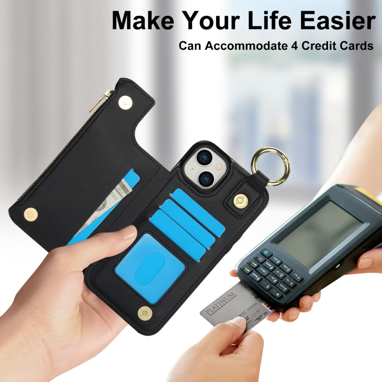 For iPhone 14 Plus RFlD Anti-theft Double Buckle Ring Zipper Card Phone Case