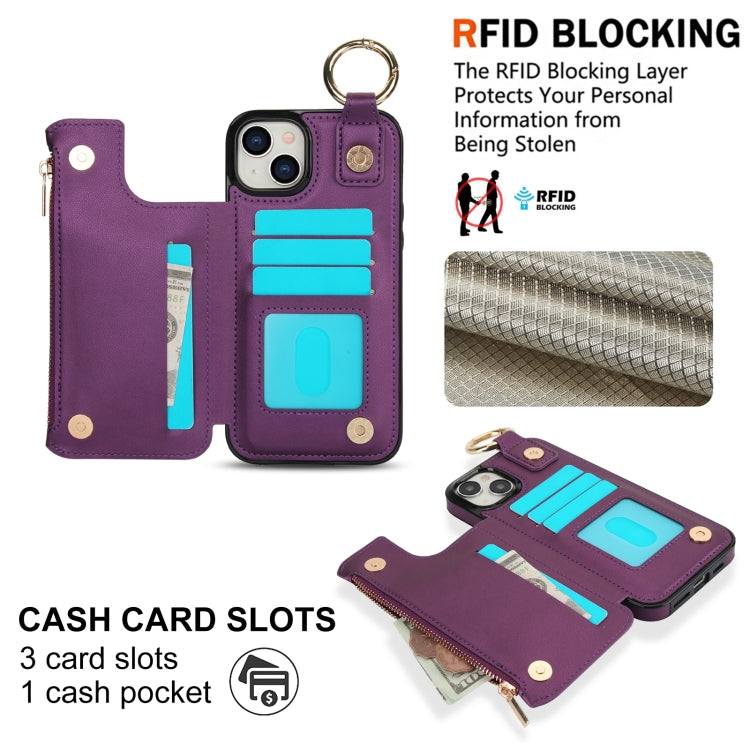 For iPhone 14 Plus RFlD Anti-theft Double Buckle Ring Zipper Card Phone Case