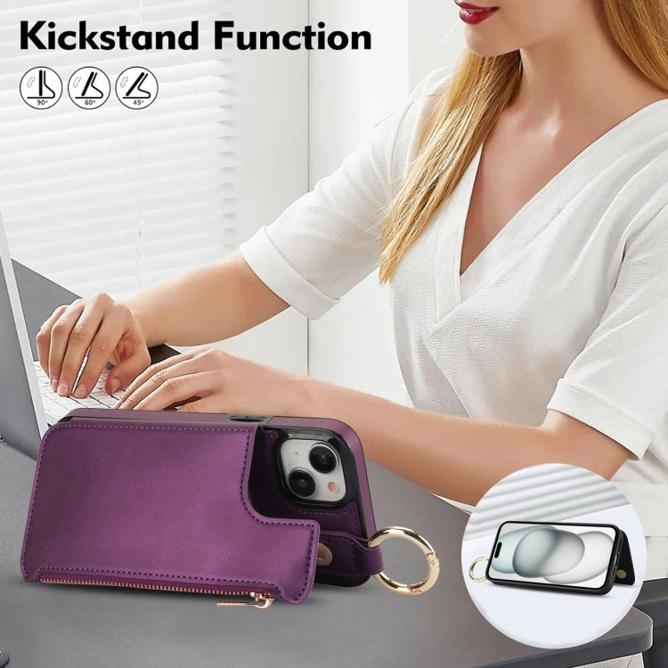 For iPhone 14 Plus RFlD Anti-theft Double Buckle Ring Zipper Card Phone Case
