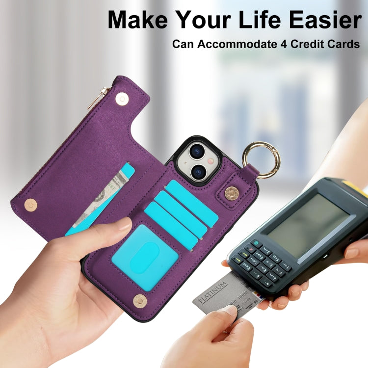 For iPhone 14 Plus RFlD Anti-theft Double Buckle Ring Zipper Card Phone Case