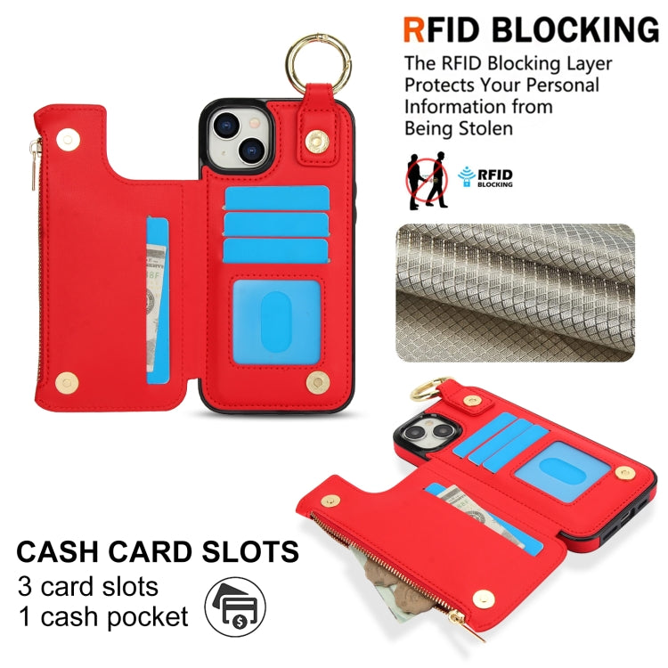 For iPhone 14 / 13 RFlD Anti-theft Double Buckle Ring Zipper Card Phone Case