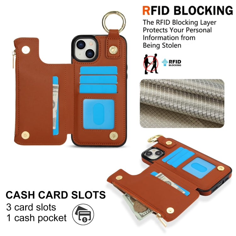 For iPhone 14 / 13 RFlD Anti-theft Double Buckle Ring Zipper Card Phone Case