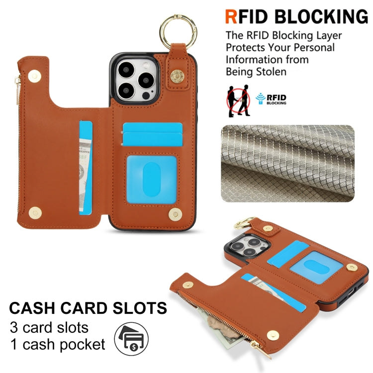 For iPhone 14 Pro RFlD Anti-theft Double Buckle Ring Zipper Card Phone Case