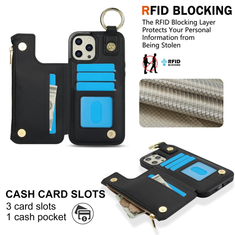 For iPhone 14 Pro Max RFlD Anti-theft Double Buckle Ring Zipper Card Phone Case