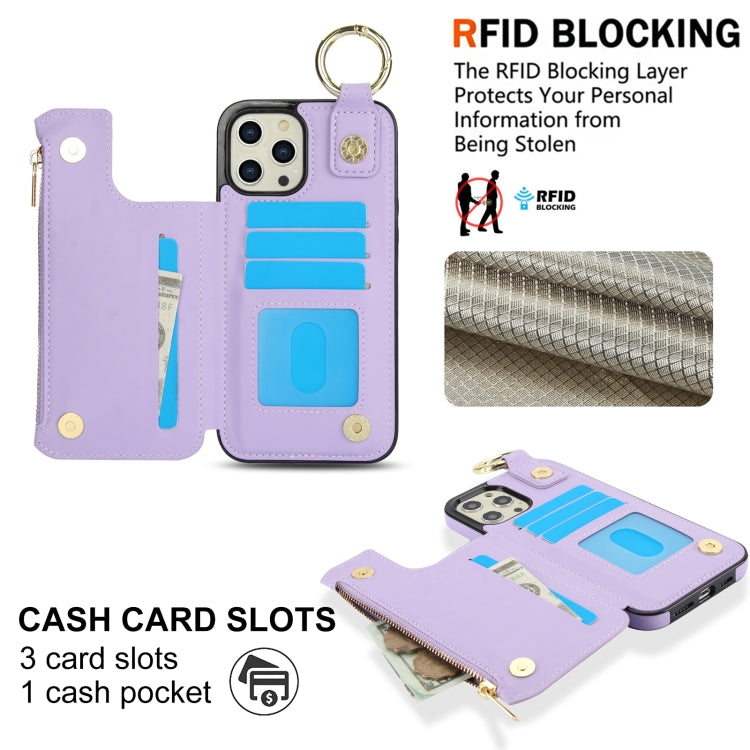 For iPhone 14 Pro Max RFlD Anti-theft Double Buckle Ring Zipper Card Phone Case