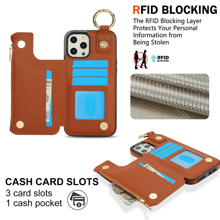 For iPhone 14 Pro Max RFlD Anti-theft Double Buckle Ring Zipper Card Phone Case