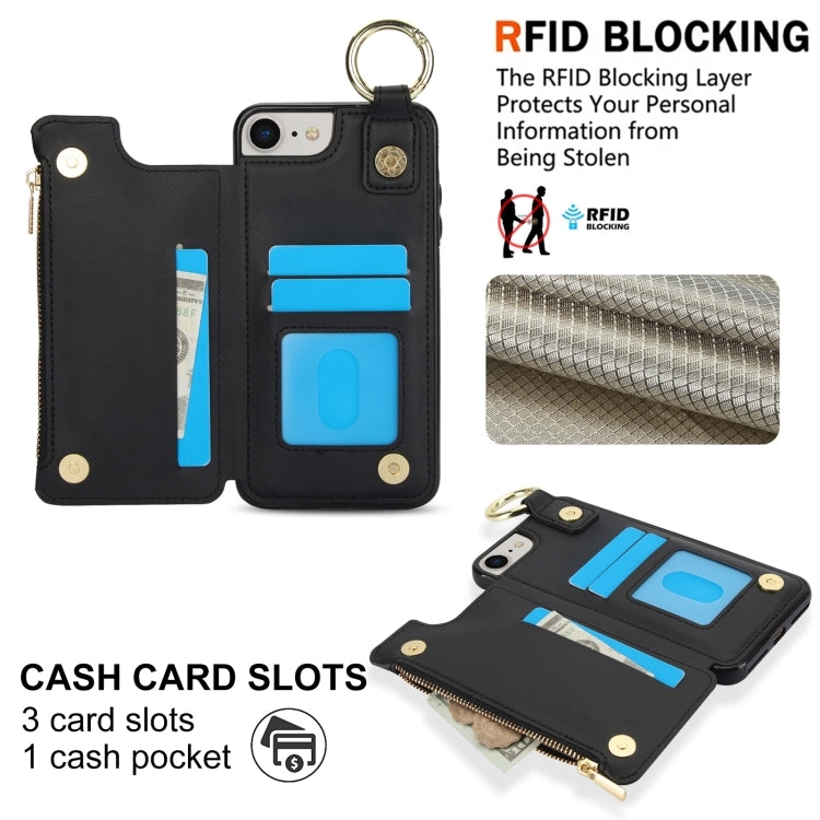 For iPhone SE 2022 / SE 2020 / 7 / 8 RFlD Anti-theft Double Buckle Ring Zipper Card Phone Case