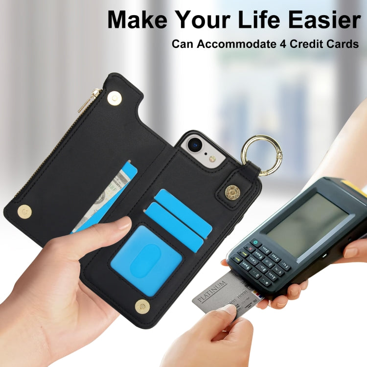 For iPhone SE 2022 / SE 2020 / 7 / 8 RFlD Anti-theft Double Buckle Ring Zipper Card Phone Case