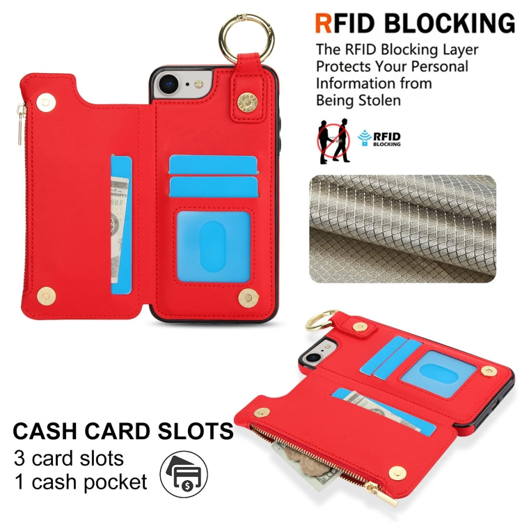 For iPhone SE 2022 / SE 2020 / 7 / 8 RFlD Anti-theft Double Buckle Ring Zipper Card Phone Case