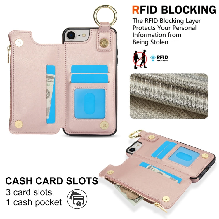 For iPhone SE 2022 / SE 2020 / 7 / 8 RFlD Anti-theft Double Buckle Ring Zipper Card Phone Case