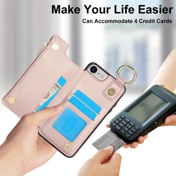 For iPhone SE 2022 / SE 2020 / 7 / 8 RFlD Anti-theft Double Buckle Ring Zipper Card Phone Case