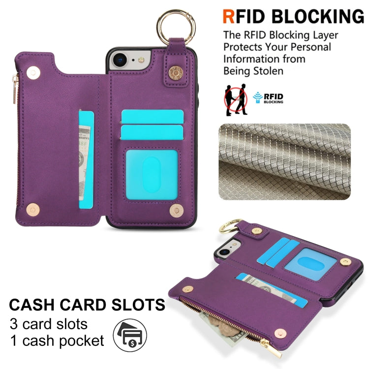 For iPhone SE 2022 / SE 2020 / 7 / 8 RFlD Anti-theft Double Buckle Ring Zipper Card Phone Case