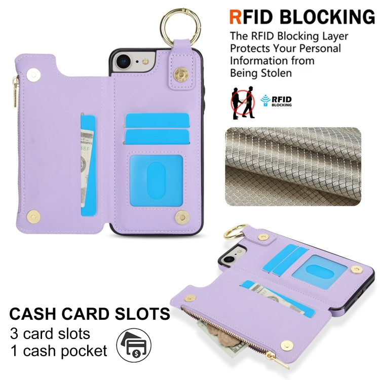 For iPhone SE 2022 / SE 2020 / 7 / 8 RFlD Anti-theft Double Buckle Ring Zipper Card Phone Case
