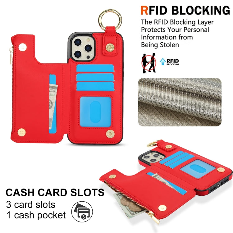 For iPhone 13 Pro Max RFlD Anti-theft Double Buckle Ring Zipper Card Phone Case