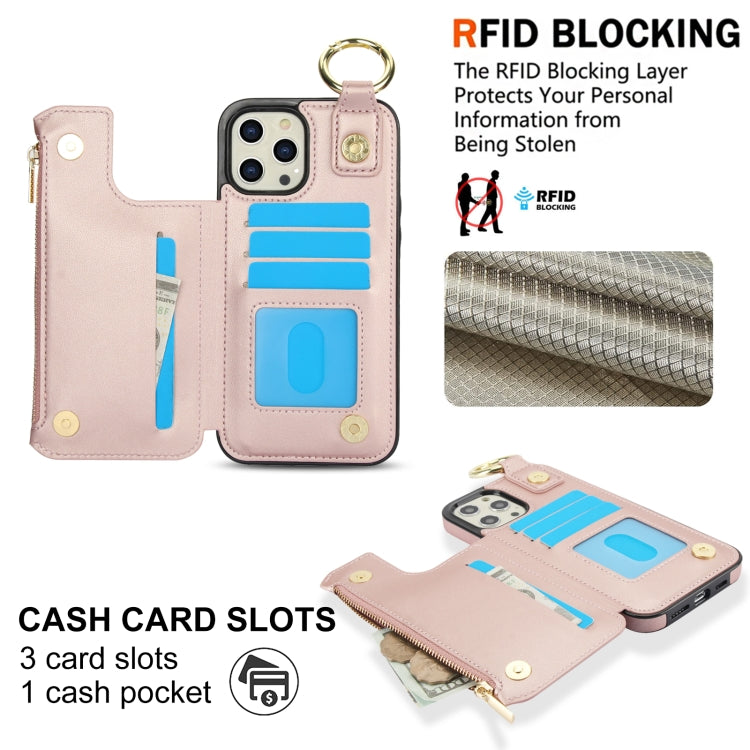 For iPhone 13 Pro Max RFlD Anti-theft Double Buckle Ring Zipper Card Phone Case