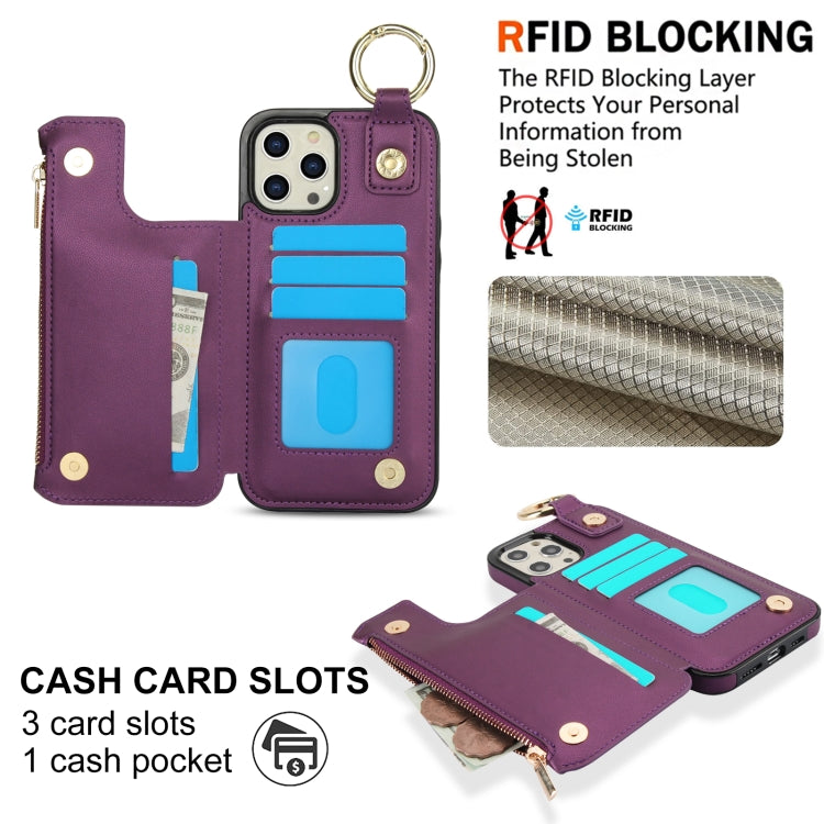 For iPhone 13 Pro Max RFlD Anti-theft Double Buckle Ring Zipper Card Phone Case