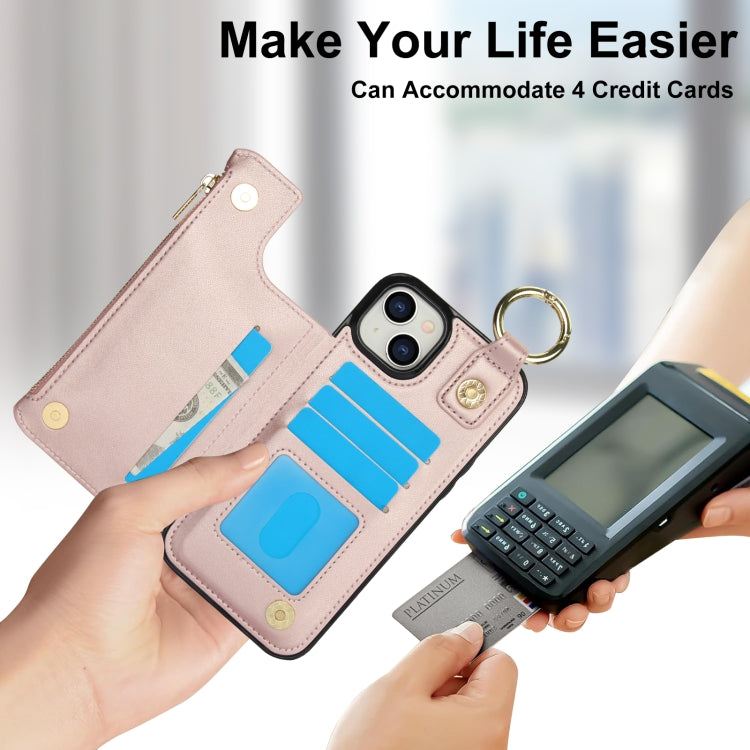 For iPhone 13 mini RFlD Anti-theft Double Buckle Ring Zipper Card Phone Case