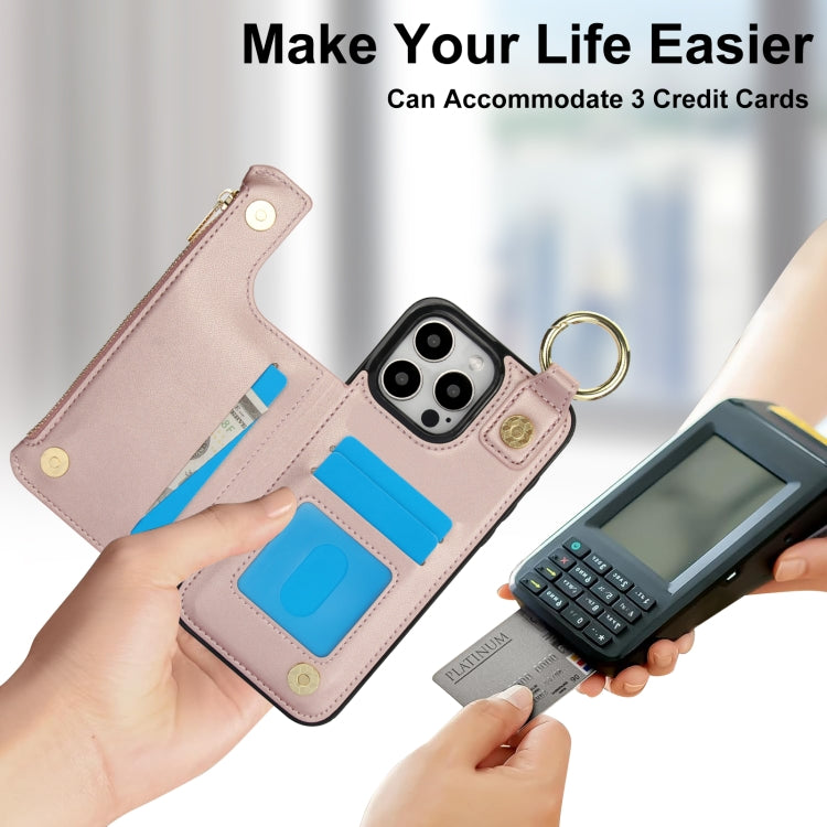 For iPhone 11 Pro Max RFlD Anti-theft Double Buckle Ring Zipper Card Phone Case
