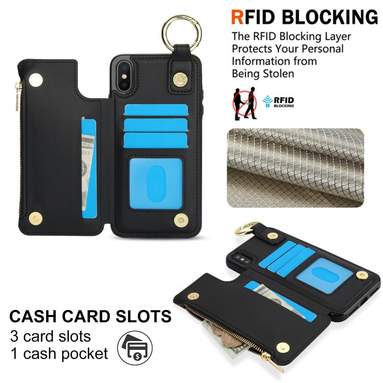 For iPhone XS Max RFlD Anti-theft Double Buckle Ring Zipper Card Phone Case