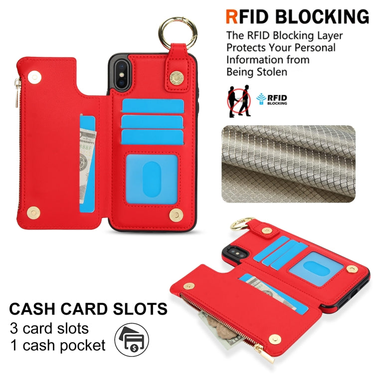 For iPhone XS Max RFlD Anti-theft Double Buckle Ring Zipper Card Phone Case