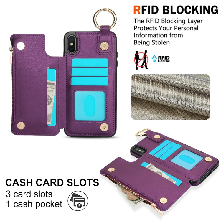 For iPhone XS Max RFlD Anti-theft Double Buckle Ring Zipper Card Phone Case