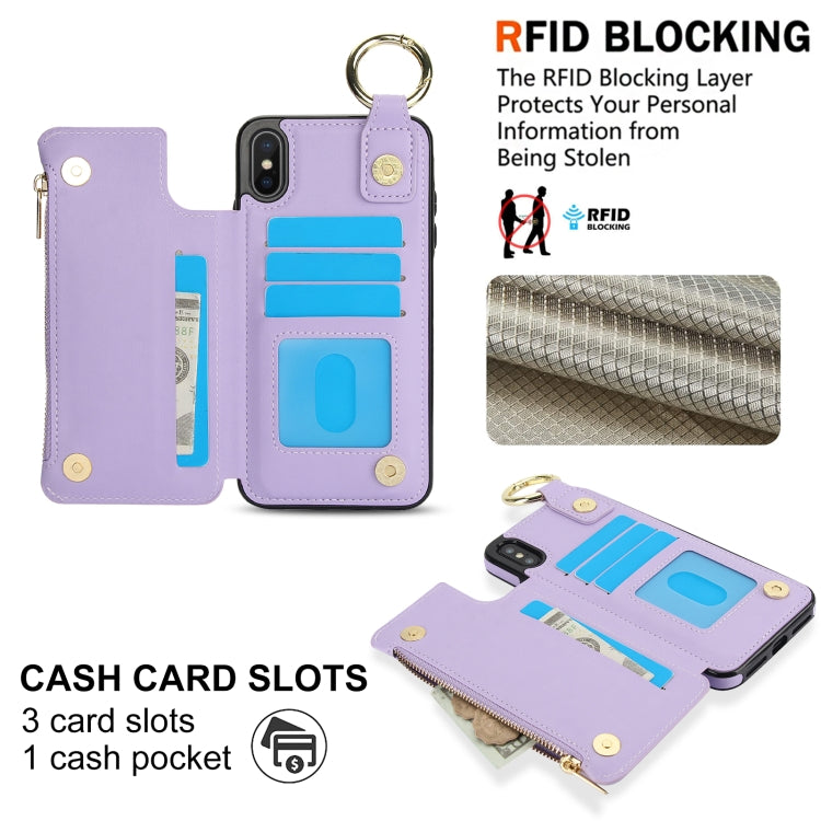 For iPhone XS Max RFlD Anti-theft Double Buckle Ring Zipper Card Phone Case