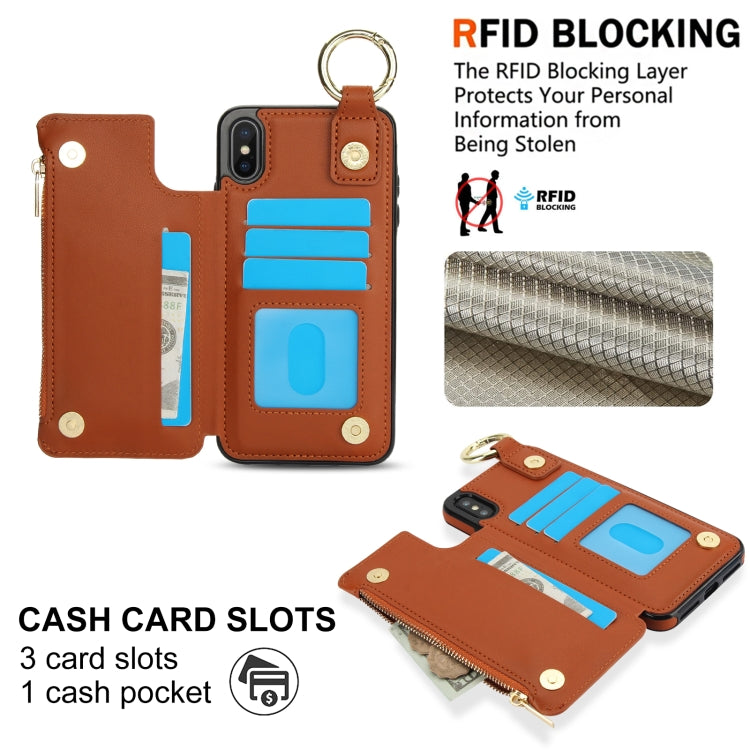 For iPhone XS Max RFlD Anti-theft Double Buckle Ring Zipper Card Phone Case