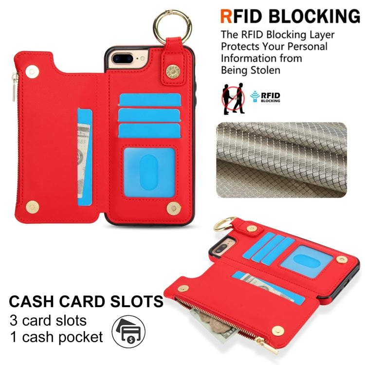For iPhone 8 Plus / 7 Plus RFlD Anti-theft Double Buckle Ring Zipper Card Phone Case