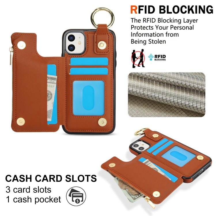 For iPhone 12 RFlD Anti-theft Double Buckle Ring Zipper Card Phone Case