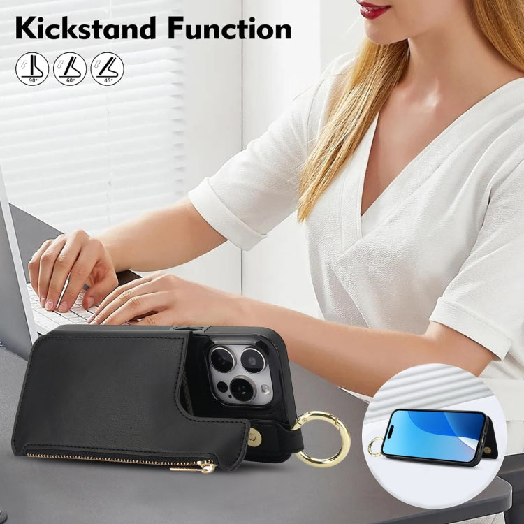 For iPhone 16 Pro Max RFlD Anti-theft Double Buckle Ring Zipper Card Phone Case