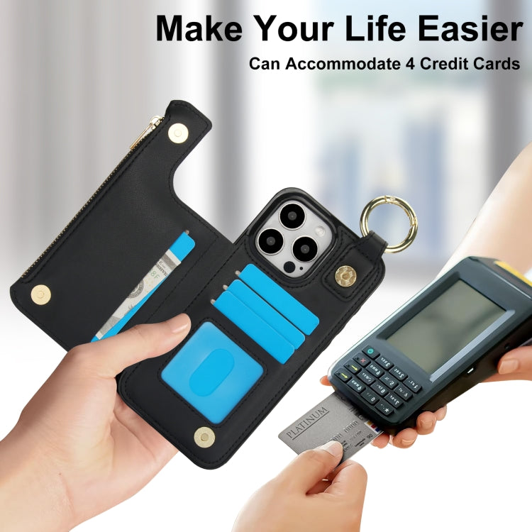 For iPhone 16 Pro Max RFlD Anti-theft Double Buckle Ring Zipper Card Phone Case