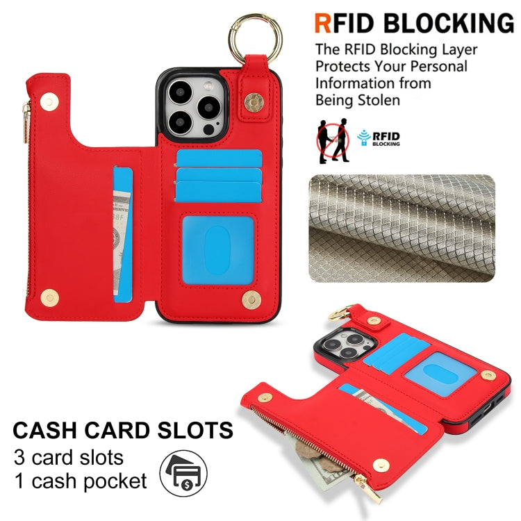For iPhone 16 Pro Max RFlD Anti-theft Double Buckle Ring Zipper Card Phone Case