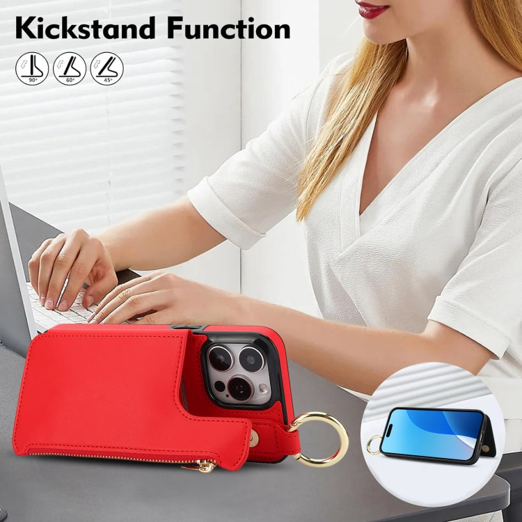 For iPhone 16 Pro Max RFlD Anti-theft Double Buckle Ring Zipper Card Phone Case