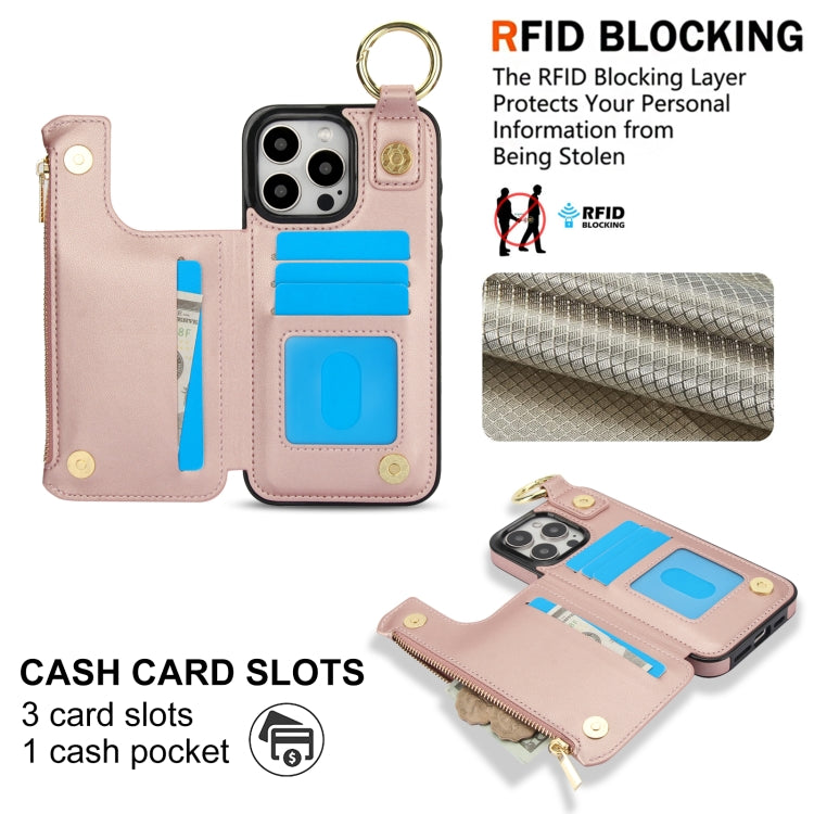 For iPhone 16 Pro Max RFlD Anti-theft Double Buckle Ring Zipper Card Phone Case