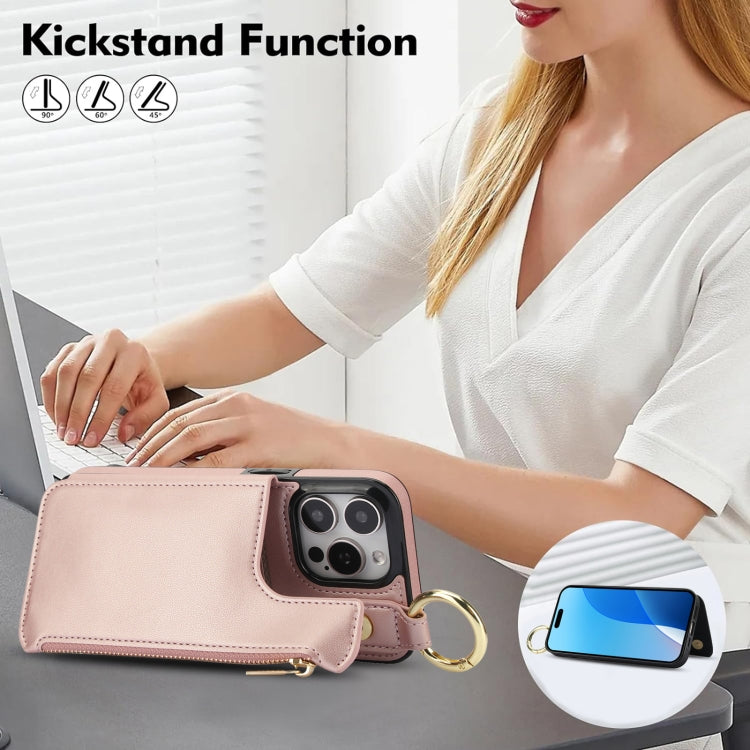 For iPhone 16 Pro Max RFlD Anti-theft Double Buckle Ring Zipper Card Phone Case