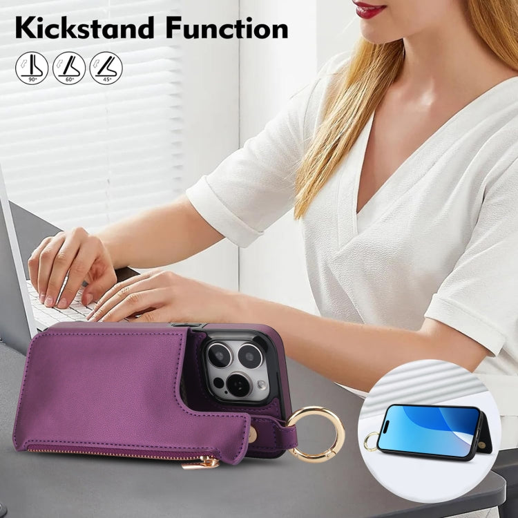 For iPhone 16 Pro Max RFlD Anti-theft Double Buckle Ring Zipper Card Phone Case
