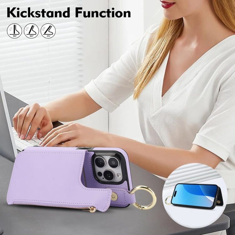 For iPhone 16 Pro Max RFlD Anti-theft Double Buckle Ring Zipper Card Phone Case