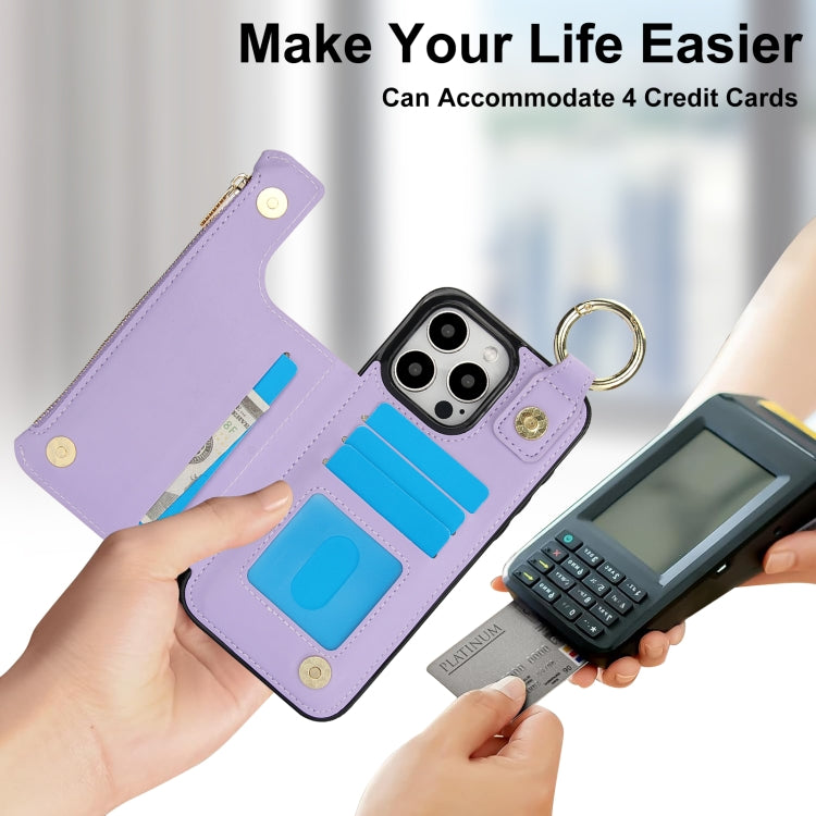 For iPhone 16 Pro Max RFlD Anti-theft Double Buckle Ring Zipper Card Phone Case